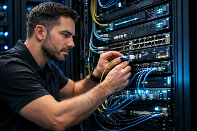 Especialista configurando equipos de red y cableado estructurado en rack de servidores.