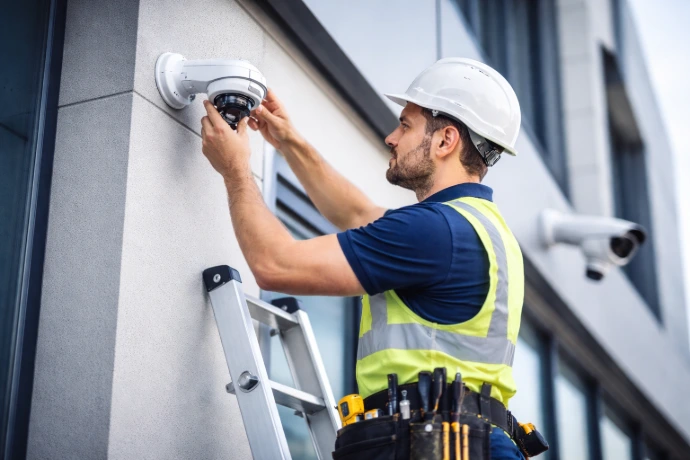 Técnico instalador montando una cámara de seguridad en infraestructura empresarial.